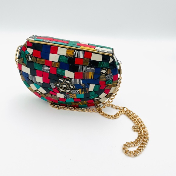 Vtg Himalayan Handmade Tibetan Mosaic Inlay Boho Clutch Evening Bag Multicolor - Picture 2 of 8